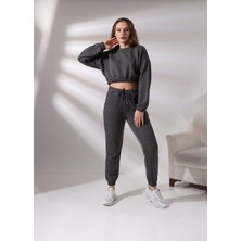 Pam Cot Pamcott Kadın Simli Oversize Kadın Bisiklet Yaka Crop Üst ve Jogger Alt Eşofman Takımı PAM1001