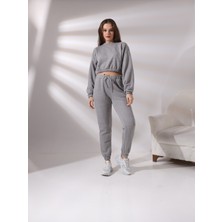 Pam Cot Pamcott Kadın Simli Oversize Kadın Bisiklet Yaka Crop Üst ve Jogger Alt Eşofman Takımı PAM1001