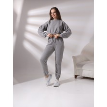 Pam Cot Pamcott Kadın Simli Oversize Kadın Bisiklet Yaka Crop Üst ve Jogger Alt Eşofman Takımı PAM1001