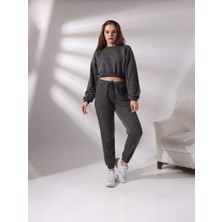 Pam Cot Pamcott Kadın Simli Oversize Kadın Bisiklet Yaka Crop Üst ve Jogger Alt Eşofman Takımı PAM1001