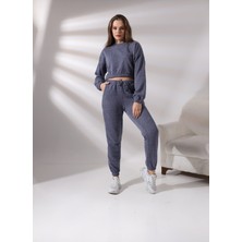 Pam Cot Pamcott Kadın Simli Oversize Kadın Bisiklet Yaka Crop Üst ve Jogger Alt Eşofman Takımı PAM1001