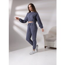 Pam Cot Pamcott Kadın Simli Oversize Kadın Bisiklet Yaka Crop Üst ve Jogger Alt Eşofman Takımı PAM1001