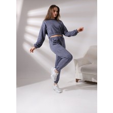Pam Cot Pamcott Kadın Simli Oversize Kadın Bisiklet Yaka Crop Üst ve Jogger Alt Eşofman Takımı PAM1001