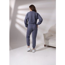 Pam Cot Pamcott Kadın Simli Oversize Kadın Bisiklet Yaka Crop Üst ve Jogger Alt Eşofman Takımı PAM1001