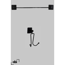 Alsi Home Yapışkanlı Siyah 2 Kancalı Askılık ve Uzun Havlu Askılık Havluluk Pratik 2'li Set