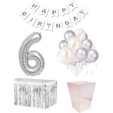 Parti Furyası 6 Yaş  Beyaz Gümüş  Balon Rakam Folyo Banner Mısır Kutusu Masa Eteği Doğum Günü Parti Seti