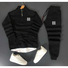 Bs Jeans Unisex Yeni Sezon Üç Çizgi Baskılı Yarım Fermuarlı Sweatshirt-Eşofman Altı 2'li Set Kombin