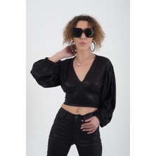 Zelish My Sister Siyah Geniş Kol Arkadan Bağlamalı Işıltılıi Crop Bluz