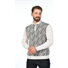 Kamalı Erkek Çelik Örgü Ekose Desenli Gömlek Yaka Fermuarlı Polo Yakalı Tüylenmez Triko Kışlık Baba Kazak