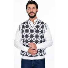 Kamalı Erkek Çelik Örgü Ekose Desenli Kışlık Kalın Triko V Yaka Triko Örgü Tüylenmez Baba Süveter Regular