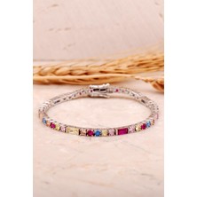 Sümer Telkari Baget Su Yolu Renkli Taşlı Rodyumlu Gümüş Bileklik 4482