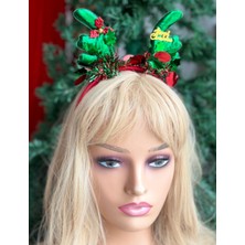 Queen Aksesuar Ithal Lüks Yılbaşı Merry Christmas Yazılı Zilli Pullu Süslü Parlak Metalik Geyik Boynuzlu Taç Parti Tacı Yeşil