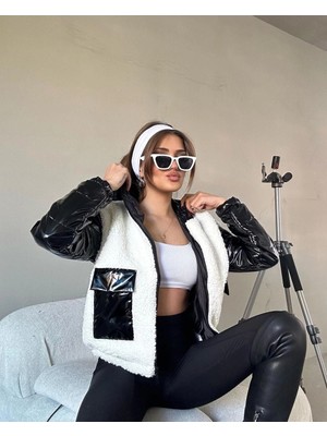 Hazelin Kadın Beyaz Siyah Rugan  Içi Astarlı Beli Lastikli Kapüşonlu Crop Peluş Ceket HZL24W-BRC144441