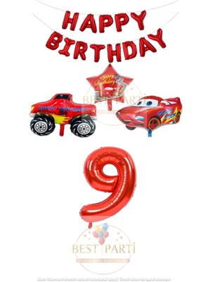 Best Parti Kırmızı Renk Happy Bırthday Rakam Araba ve Jeep Folyo Balon Seti Yaş 9