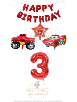 Best Parti Kırmızı Renk Happy Bırthday Rakam Araba ve Jeep Folyo Balon Seti Yaş 3