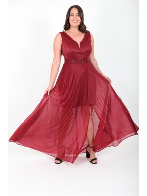 Ladies First Büyük Beden 3494 Bordo Uzun Abiye Elbise