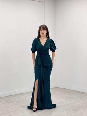 Giyimmasalı Simli Kumaş Balık Model Volan Detaylı Abiye Elbise - Zümrüt Yeşil