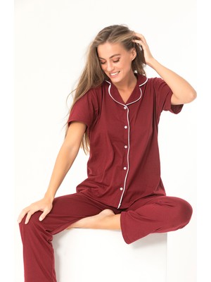 Sudehomewear Bordo Renk Beyaz Biyeli Kısa Kol Pijama Takımı