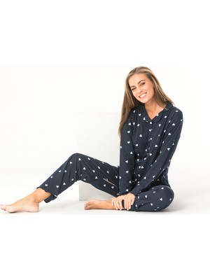 sudehomewear Sude Homewear Lacivert Kalp Desenli Gömlek Uzun Kol Pijama Takımı