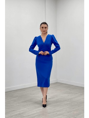 Giyimmasalı Double Kumaş Büzgü Detaylı Kalem Abiye Elbise - Saks Mavi
