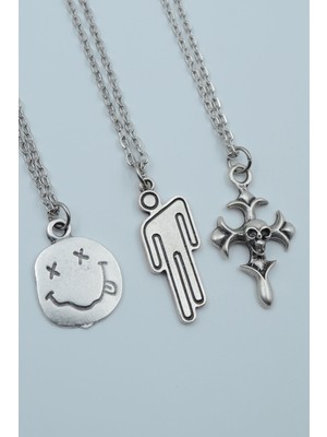 Had Safha Accessories 3'lü Billie Eilish Nircana Gülen Surat Kuru Kafa Haç Kolye Seti