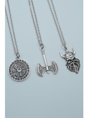 Had Safha Accessories 3'lü Viking Savaşçı Viking Pusula Çift Taraflı Balta Kolye Seti