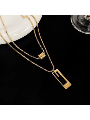 Chavin Çelik Gold 2 Kolyeli 2 Zincirli Bayan Kolye EU46SR
