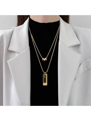 Chavin Çelik Gold 2 Kolyeli 2 Zincirli Bayan Kolye EU46SR
