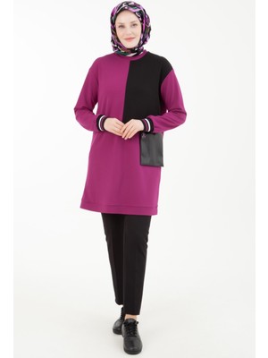 Armine Trend Kolları Ribanalı Deri Cep Detaylı Sendi Kumaş Tunik-Erguvan 23KT430