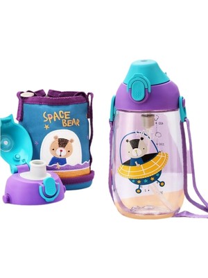 Uzspace Küçük Boy 480ML Kılıflı Askılı Pipetli/pipetsiz Iki Ayrı Kapaklı Tritan Çocuk Matarası