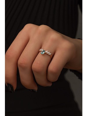 Sunshine 925 Ayar Rose Kaplamalı Mavi Damla Taşlı Taç Gümüş Yüzük