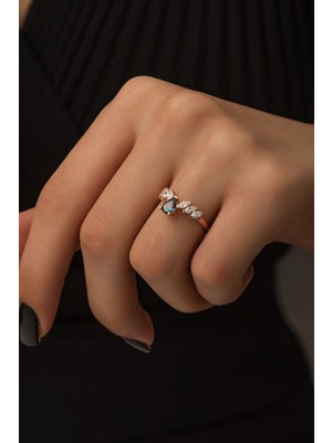 Sunshine 925 Ayar Rose Kaplamalı Mistik Topaz Damla Taşlı Taç Gümüş Yüzük