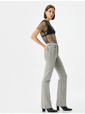 Koton Eskitilmiş Hafif Ispanyol Paça Kot Pantolon Dar Kesim Standart Bel Pamuklu Cepli Victoria Slim Jeans