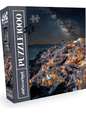 Neverland 1000 Parça Puzzle Santorini Manzarası Orta Zorluk Gece Gökyüzü Temalı Kaliteli Karton