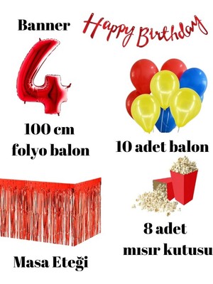 Parti Furyası 4 Yaş  Kırmızı   Balon Rakam Folyo Banner Mısır Kutusu Masa Eteği Doğum Günü Parti Seti