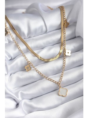 Cotton Soft 316L Çelik Gold Renk 2'li Italyan Zincir Model Beyaz Yonca Figür Kadın Kolye