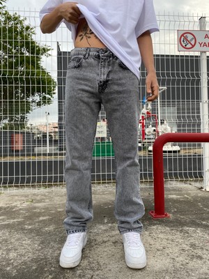 XPuppetwear Gri Düz Desenli Uzun Paça Baggy Jean Erkek Yüksek Bel Pamuklu Bol Kesim