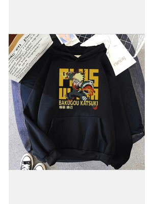 Populus My Hero Bakugo Plus Ultra Siyah Kapşonlu Sweatshirt