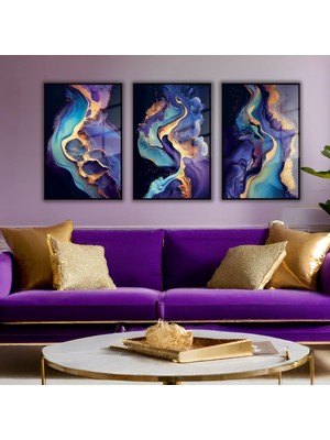 Gaagart 3'lü Metal Çerçeveli Cam Tablo Seti Siyah Turkuaz Soyut Desen