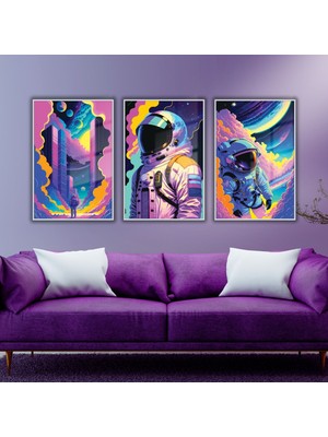 Gaagart 3'lü Metal Çerçeveli Cam Tablo Seti Yapay Zeka Uzay Astronot