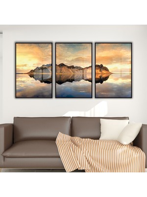 Gaagart 3'lü Metal Çerçeveli Cam Tablo Seti Gün Batımı Ada Manzarası