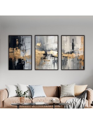 Gaagart 3'lü Metal Çerçeveli Cam Tablo Seti Soyut Siyah Gold Desen