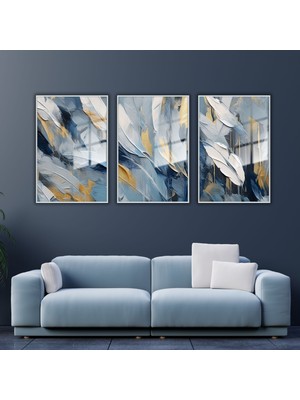 Gaagart 3'lü Metal Çerçeveli Cam Tablo Seti Turkuaz Gold Kuş Tüyü