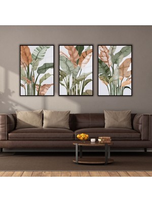 Gaagart 3'lü Metal Çerçeveli Cam Tablo Seti Soyut Botanik Bitki Desen