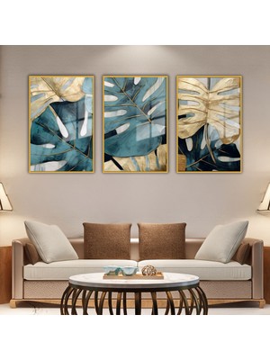 Gaagart 3'lü Metal Çerçeveli Cam Tablo Seti Soyut Turkuaz Gold Yaprak