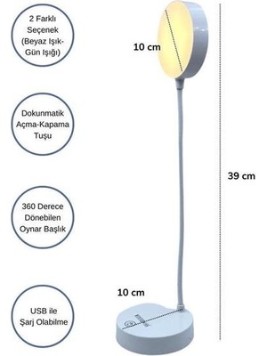 Petinka Petinka® Yuvarlak Usbli Dokunmatik 3 Kademeli 360 Derece  Özel Göz Korumalı LED Lityum Masa Lambası