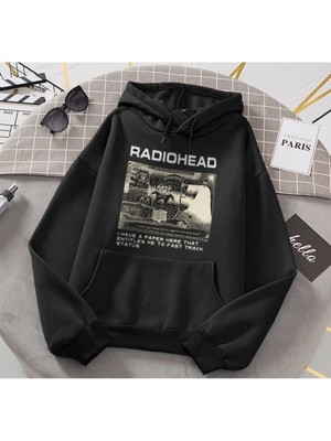 Trendseninle  Siyah Radiohead Dna Breeding Baskılı Kapüşonlu Kalın Kumaş Sweatshirt