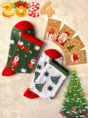 Sky Socks 2'li Yılbaşı Ağaç Noel Baba Christmas Desenli Hediyelik Kartlı Set  Pamuklu Tenis Kolej Çorap