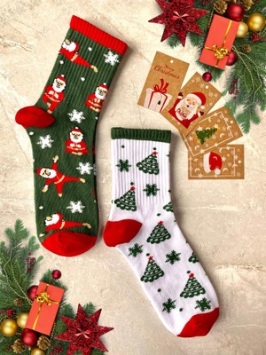 Sky Socks 2'li Yılbaşı Ağaç Noel Baba Christmas Desenli Hediyelik Kartlı Set  Pamuklu Tenis Kolej Çorap