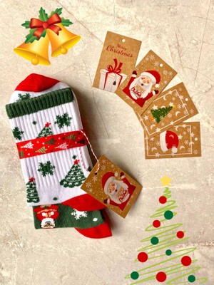 Sky Socks 2'li Yılbaşı Ağaç Noel Baba Christmas Desenli Hediyelik Kartlı Set  Pamuklu Tenis Kolej Çorap